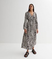 New Look Black Floral Squiggle V Neck Flared Long Sleeve Midi Dress